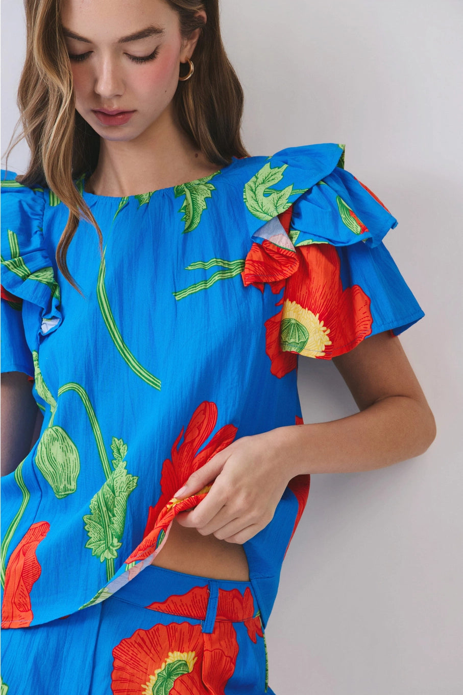 Bold Floral Ruffle Sleeve Blouse