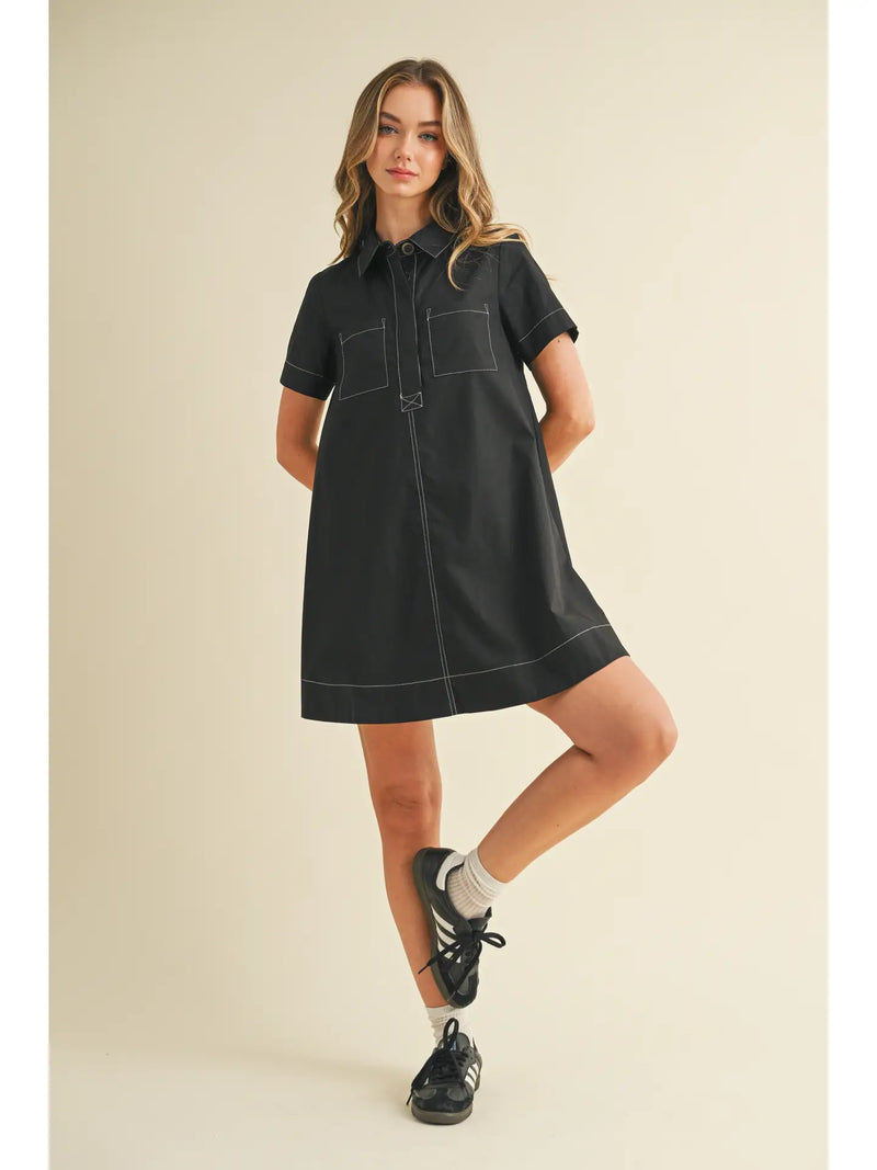 Contrast Stitching Shirt Dress