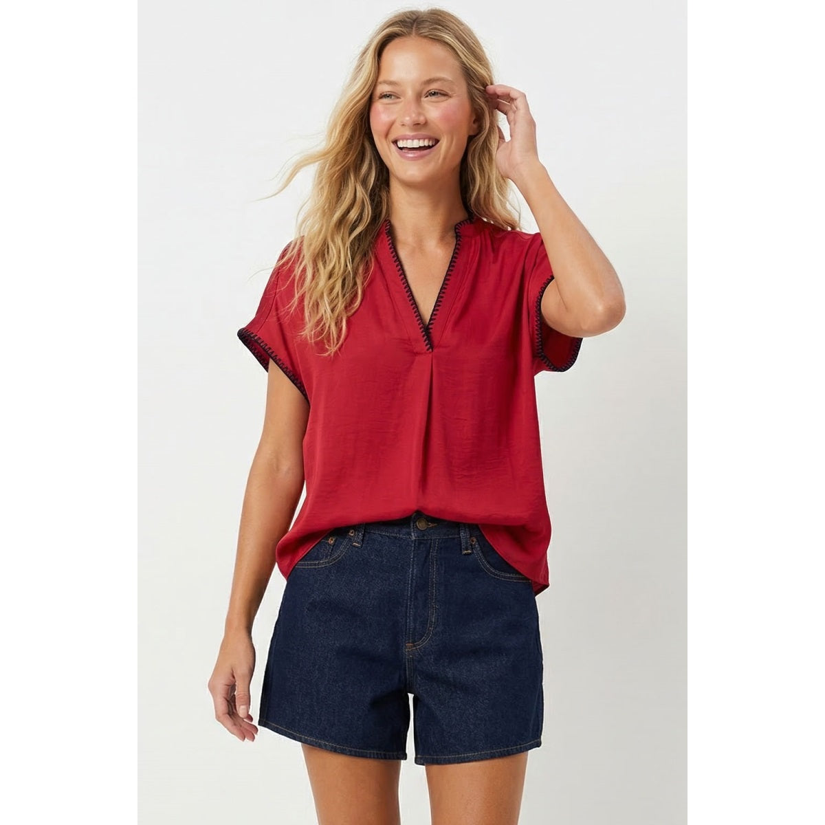 Whipstitch Drop Shoulder Blouse