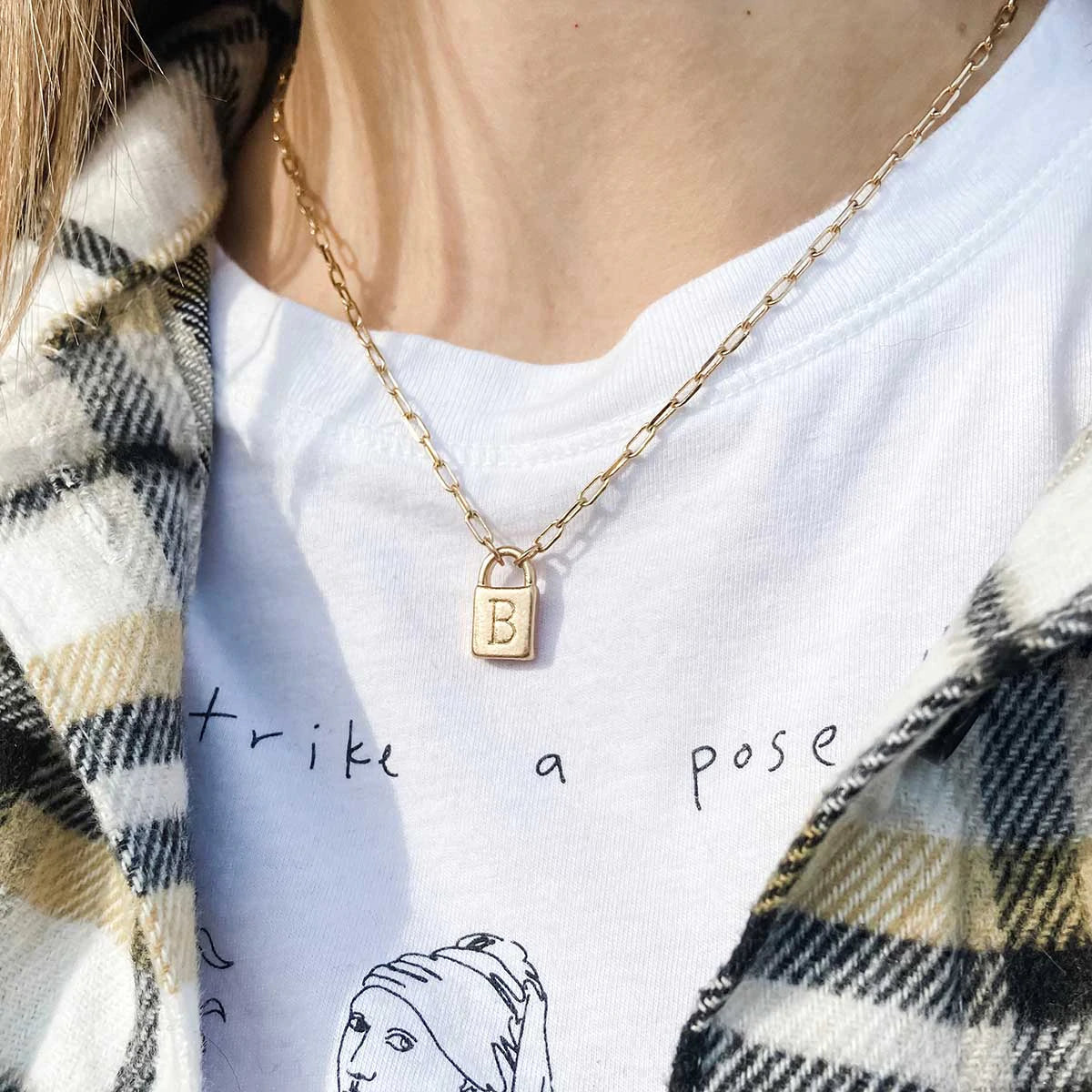 14K YELLOW GOLD SERIF INITIAL LOCK PAPERCLIP NECKLACE | Patty Q's Jewelry  Inc