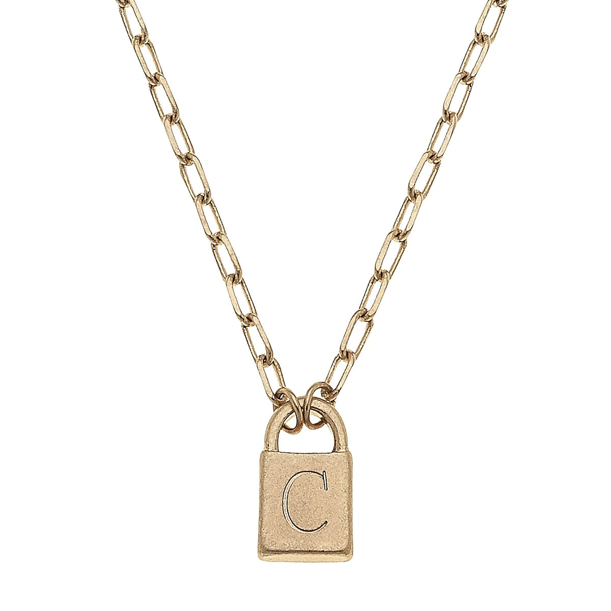 kinsley padlock initial necklace in worn gold